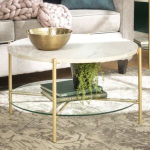 Beloit Coffee Table In White Marble Effect With Glass Shelf