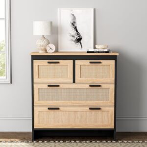 Wooden Storage Cabinet with Rattan Drawer Console Table