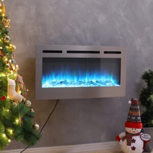 60 Inch Electric Fireplace Silver Recessed Fire with 12 LED Flame Colour