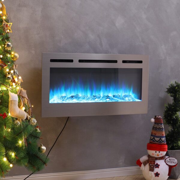 60 Inch Electric Fireplace Silver Recessed Fire with 12 LED Flame Colour
