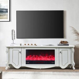 Elegant White Resin Carved TV Stand with Integrated Fireplace Cabinet