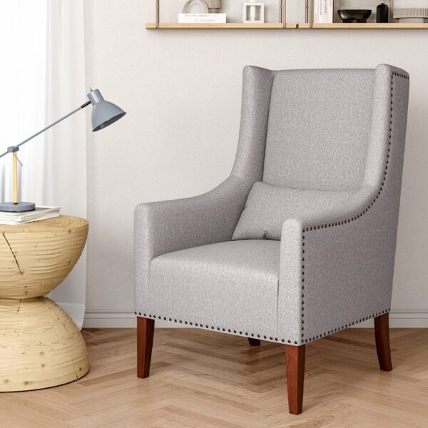 Grey Burlap High Back Studded Armchair with Cushion