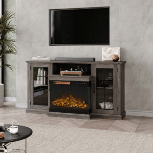 Smallbee 3-Sided Fireplace TV Stand Wood With Glass Door Storage