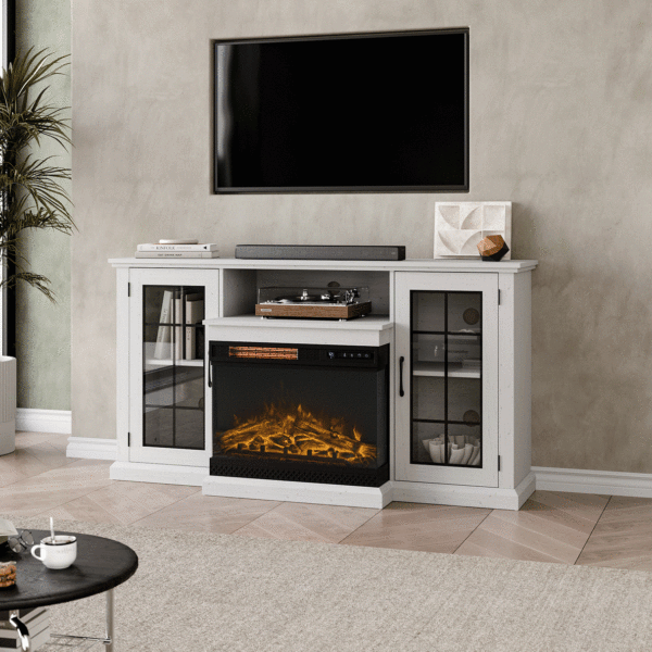 Smallbee 3-Sided Fireplace TV Stand Wood With Glass Door Storage